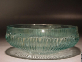 Early Roman molded bluish green glass ribbed bowl