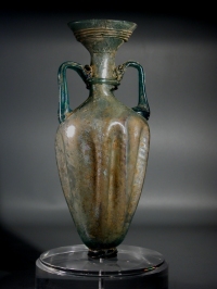 Roman bluish-green glass amphoriskos with molded body and twin deep turquoise glass handles.