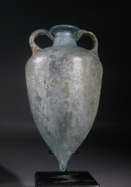 Roman light blue amphora with two handles and pointed base.