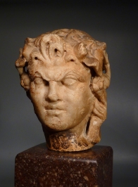 Roman marble Janiform herm head of a satyr and a maenad.